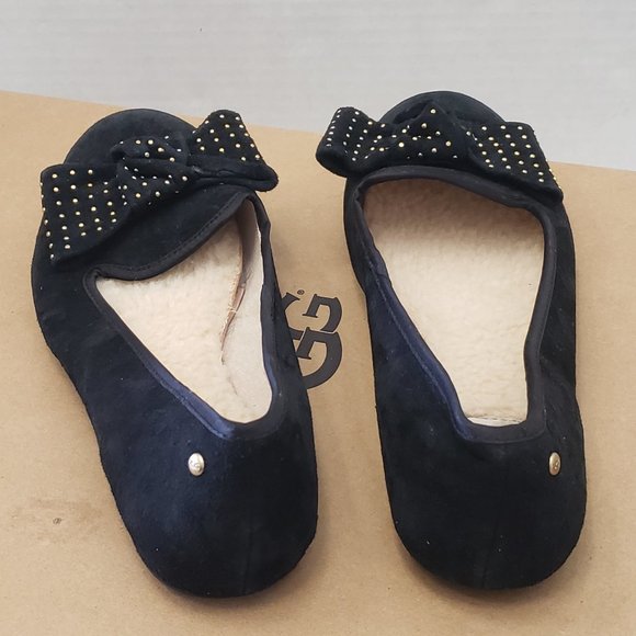 New Women UGG Shoes HALLOWAY Slip On Black Bow Gold Tiny Studds Loafer 8 1004766 - Picture 4 of 9